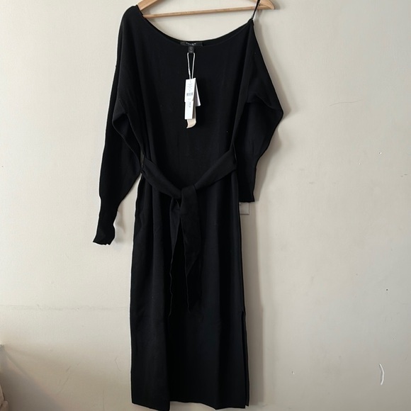 NEW Ever New Issey Self Tie Off Shoulder Knit Black Midi Dress - Picture 4 of 10